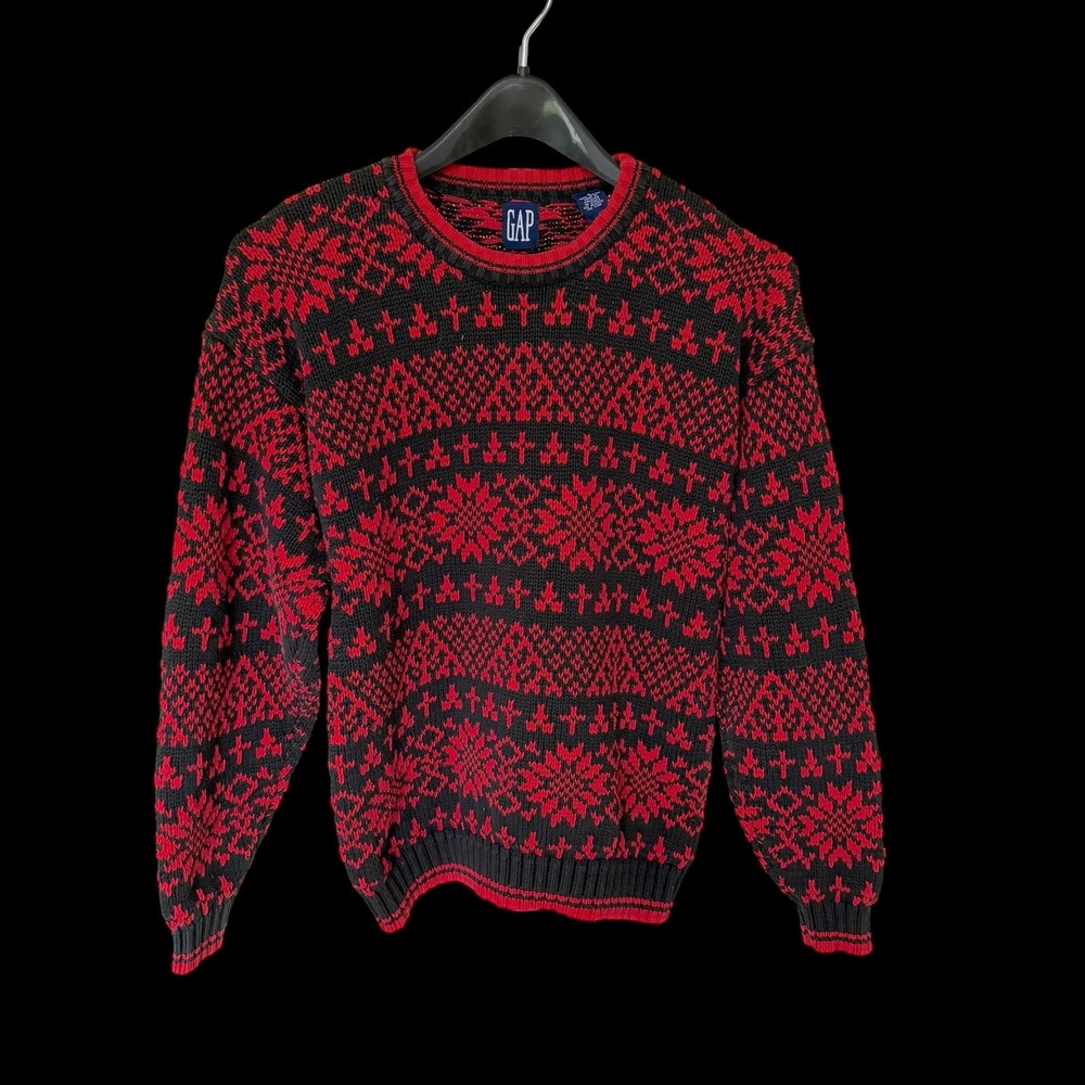 80's Gap Small Red Black Fair Isle Cotton Knit‎ Sweater Crewneck Snowflake